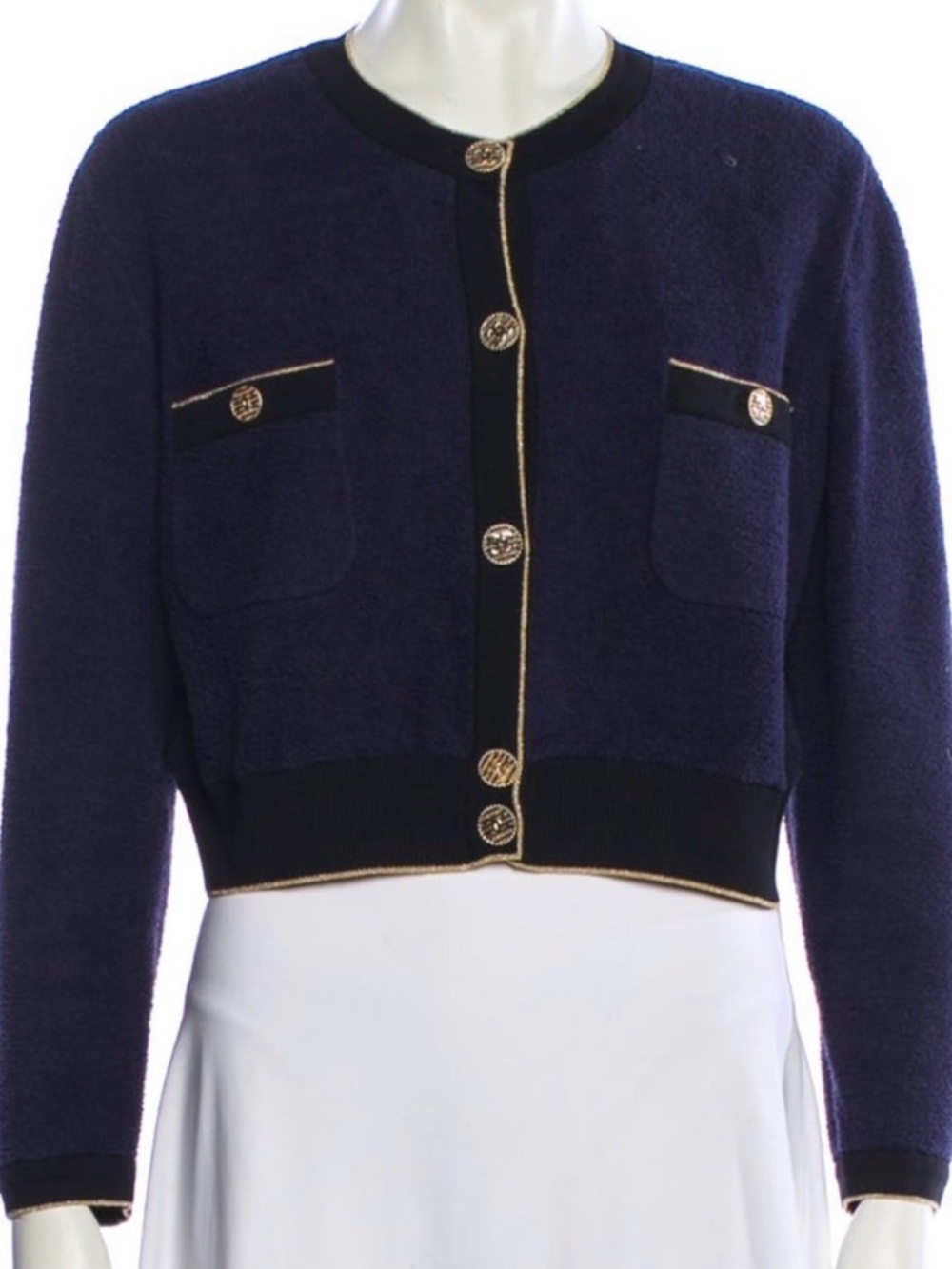 Authentic CHANEL Navy Knit Crop Jacket with Gold Trim